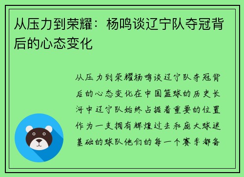 从压力到荣耀：杨鸣谈辽宁队夺冠背后的心态变化