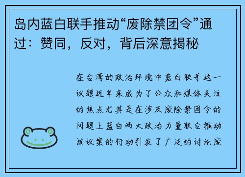 岛内蓝白联手推动“废除禁团令”通过：赞同，反对，背后深意揭秘