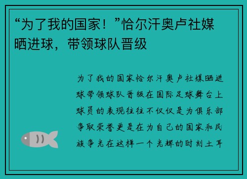 “为了我的国家！”恰尔汗奥卢社媒晒进球，带领球队晋级