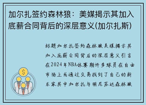 加尔扎签约森林狼：美媒揭示其加入底薪合同背后的深层意义(加尔扎斯)