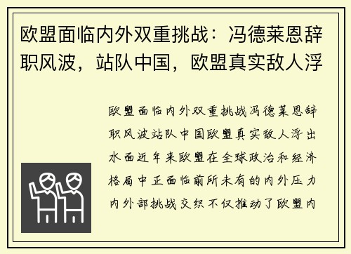 欧盟面临内外双重挑战：冯德莱恩辞职风波，站队中国，欧盟真实敌人浮出水面
